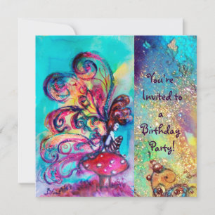 SMALL ELF OF MUSHROOMS ,pink yellow blue sparkle Invitation