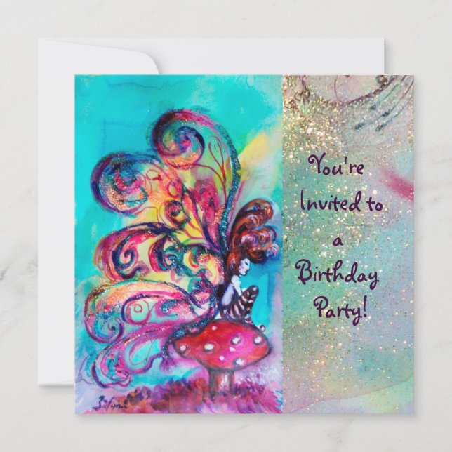 SMALL ELF OF MUSHROOMS ,pink yellow blue sparkle Invitation (Front)