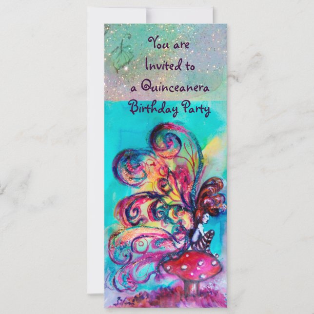 SMALL ELF OF MUSHROOMS ,pink yellow blue sparkle Invitation (Front)