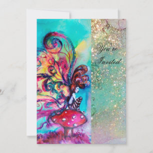 SMALL ELF OF MUSHROOMS ,pink yellow blue sparkle Invitation