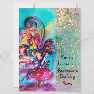 SMALL ELF OF MUSHROOMS ,pink yellow blue sparkle Invitation