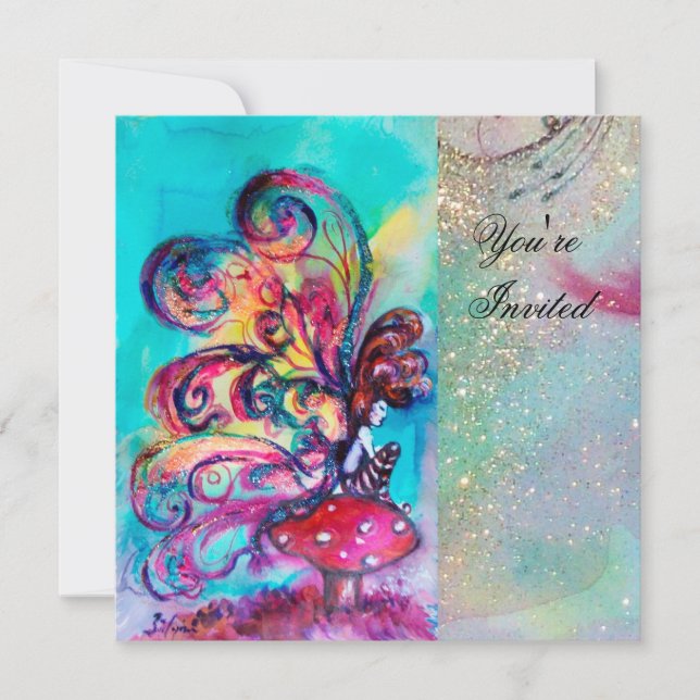 SMALL ELF OF MUSHROOMS ,pink yellow blue sparkle Invitation (Front)