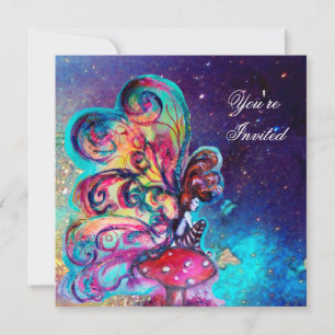 SMALL ELF OF MUSHROOMS ,pink yellow blue sparkle Invitation