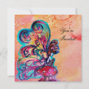 SMALL ELF OF MUSHROOMS ,pink yellow sparkle gold Invitation
