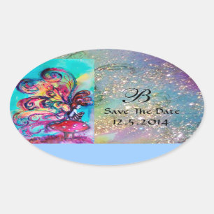 Small Elf of Mushrooms Save The Date Monogram Oval Sticker