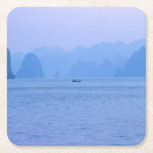 Small fishing boat in Ha Long Bay - Vietnam, Asia Square Paper Coaster