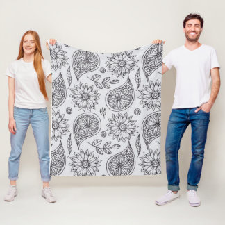 small floral & leaf motifs, all set light grey fleece blanket