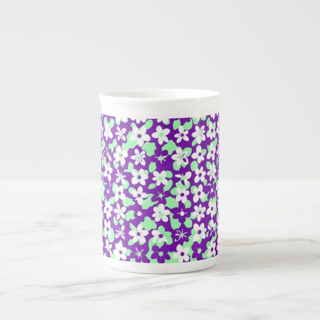 Small Floral Pattern Mint and Purple Bone China Mug (Front)