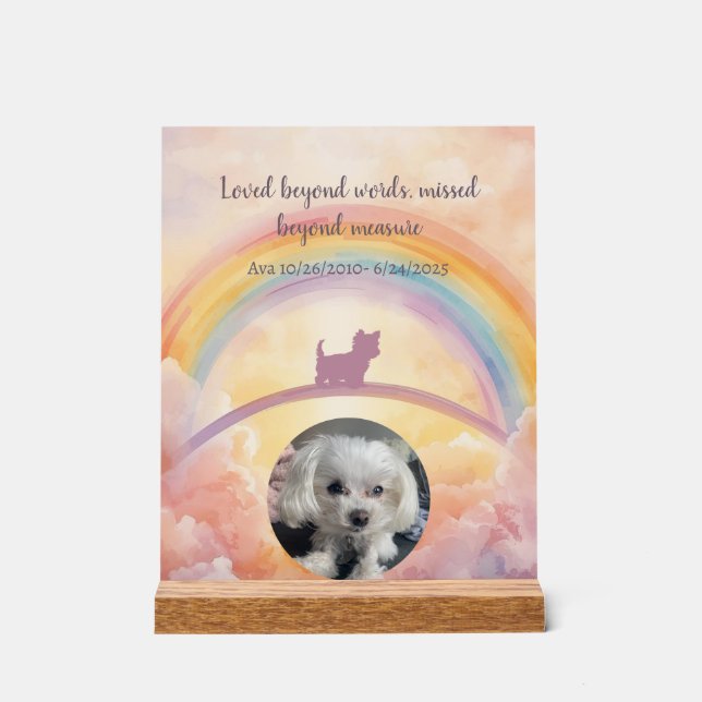 Small Fluffy Dog Rainbow Bridge Memorial Acrylic Sign (Front)