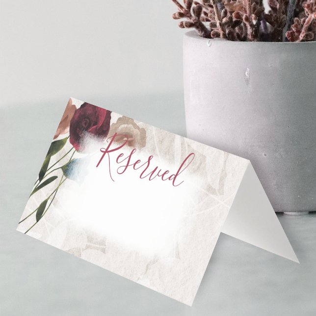 Small Folded Burgundy Beige Roses Folded Wedding Business Card (beige, burgundy roses wedding reserved card, folded escort card, seating name card, place card)