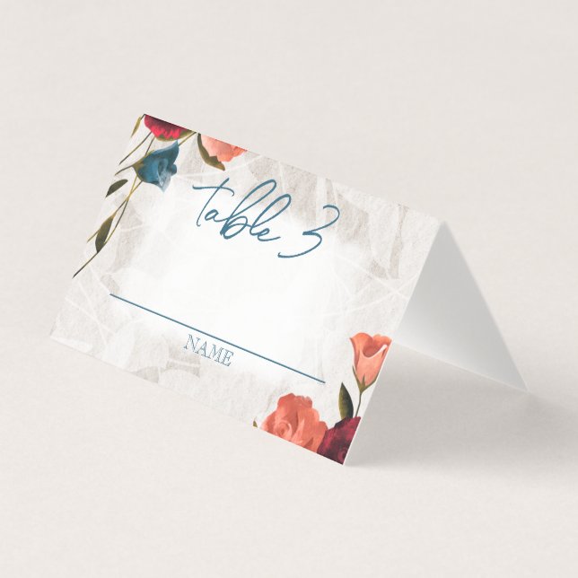 Small Folded Teal, Red, Peach Wedding Table Business Card (Front)