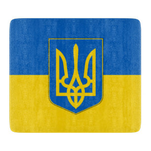 Small glass cutting board with Ukraine flag