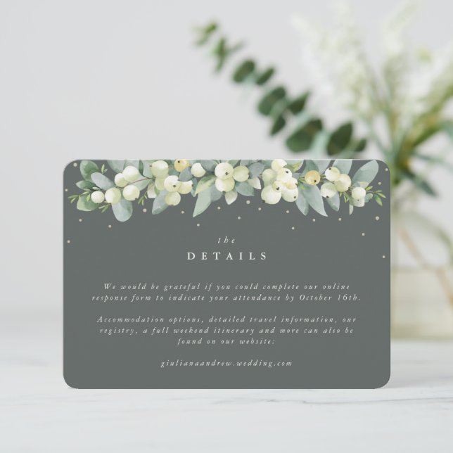 Small Green Snowberry+Eucalyptus Wedding Details Enclosure Card (Standing Front)