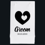 Small groom wedding gift bag with double heart<br><div class="desc">Small groom wedding gift bag with double heart. Elegant gift bags for bride and groom. Add your own party favours, presents and goodies. Small, medium and big sizes. Customisable stringed bags with date of marriage. Add your own name optionally. Black and white or customisable colours. Classy typography template with two...</div>
