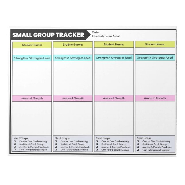 Small Group Tracker Student Observations Teacher Notepad (Front)