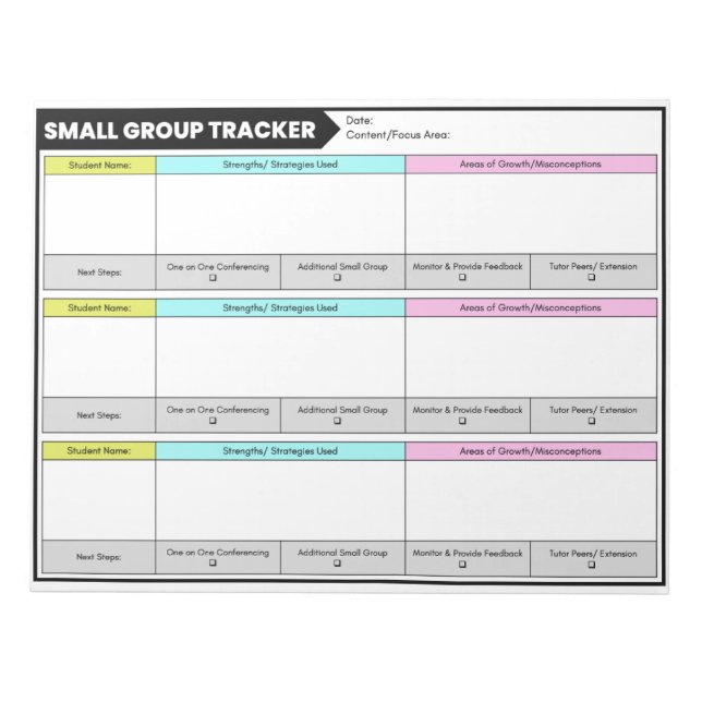 Small Group Tracker Student Observations Teachers Notepad (Front)