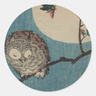 Small Horned Owl on Maple Branch under Full Moon Classic Round Sticker