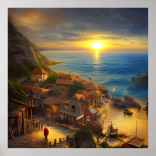 Small Houses on a cliff looking at the sea and sun Poster