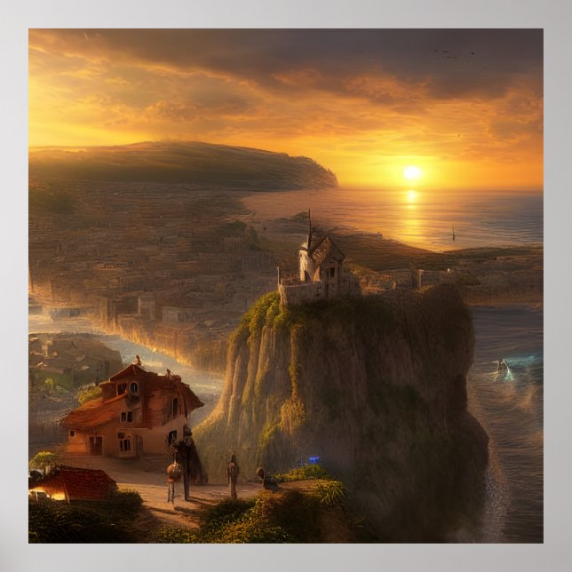 Small Houses on a cliff the sea and sun Poster (Front)