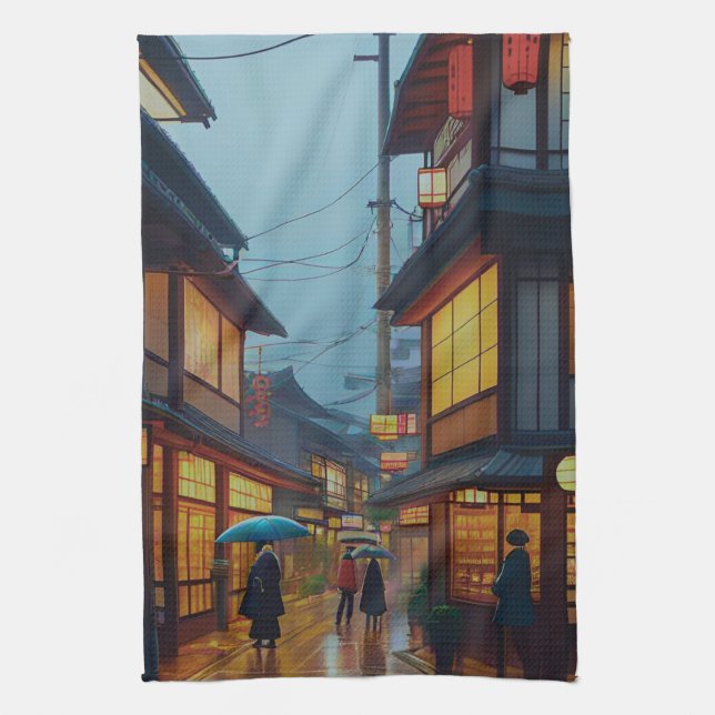 Small Japanese Rainy Road  Tea Towel (Vertical)