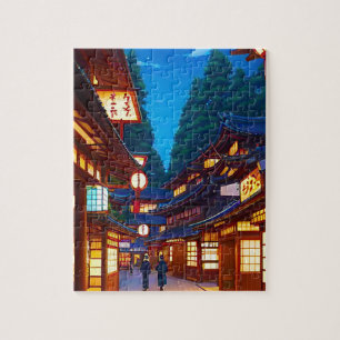 Small Japanese town street at night Jigsaw Puzzle