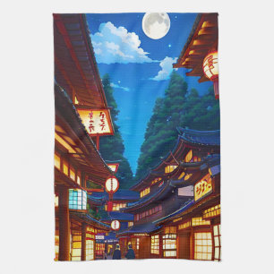 Small Japanese town street at night Tea Towel