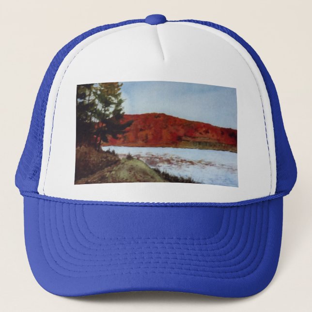 Small lake with fall trees and windy waters trucker hat (Front)