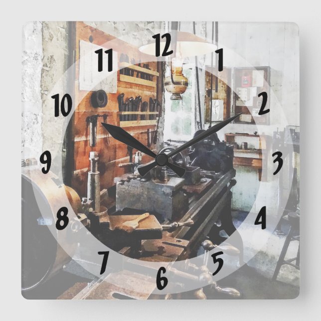 Small Lathe in Machine Shop Square Wall Clock (Front)