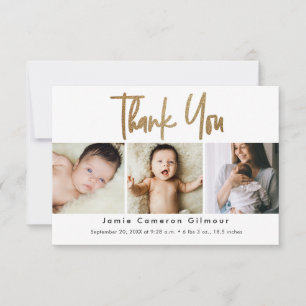 Small Modern Gold Script Custom 3 photo Baby Thank You Card