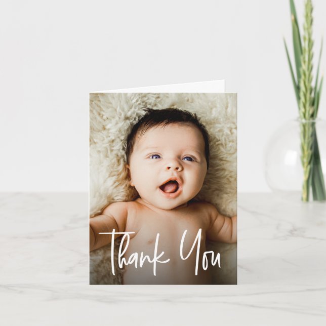 Small Modern Script Custom Baby Shower Photos Thank You Card (Front)
