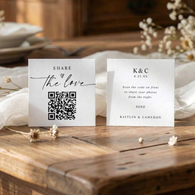 Small Modern Share the Love Cards with QR Code (Small photo sharing qr code cards for wedding receptions - front and back sides.)