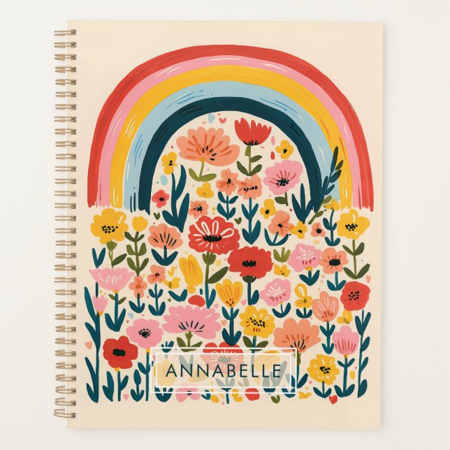 Small Monogram Name Rainbow Flowers Illustration Planner (Front)