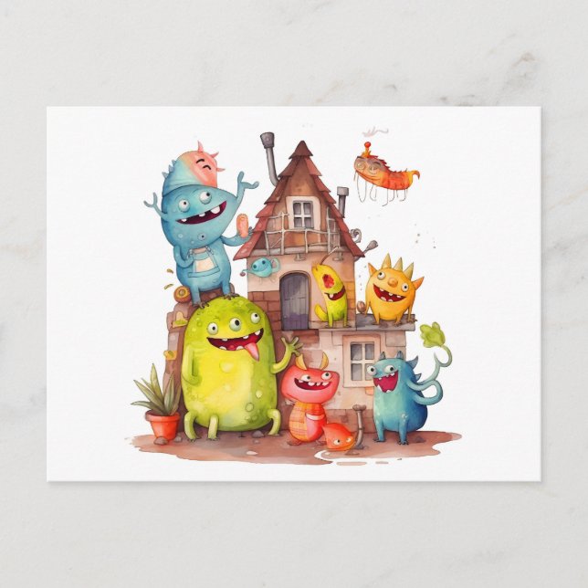 Small monsters build a house. inauguration party. postcard (Front)