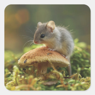Small mouse sitting on a top of a mushroom square sticker
