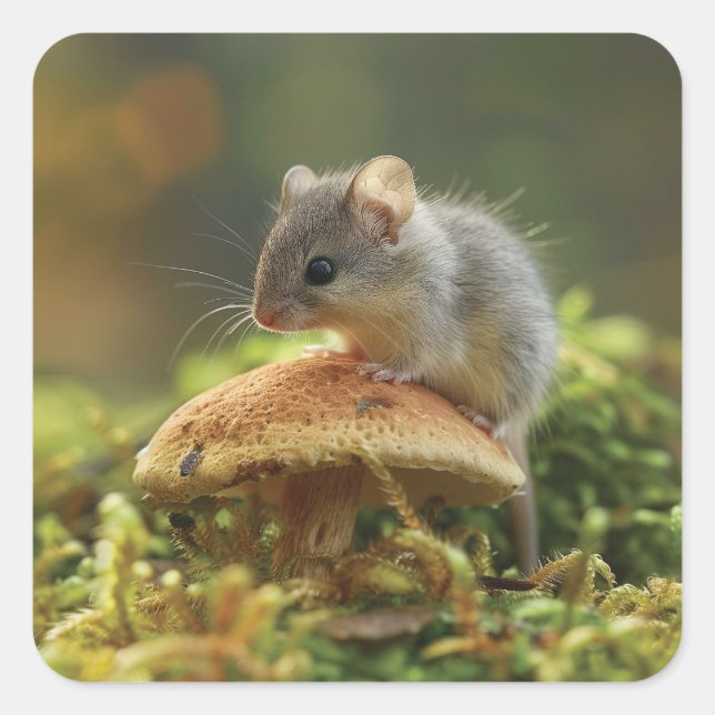 Small mouse sitting on a top of a mushroom square sticker (Front)