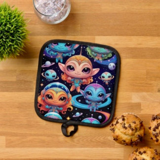Small Multi-Coloured Aliens in Space Pot Holder