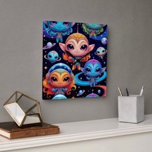 Small Multi-Coloured Aliens in Space Square Wall Clock