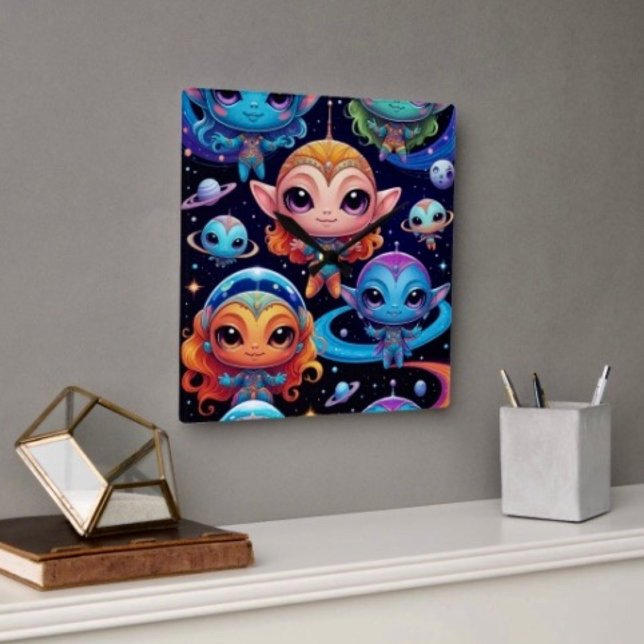 Small Multi-Coloured Aliens in Space Square Wall Clock (Creator Uploaded)