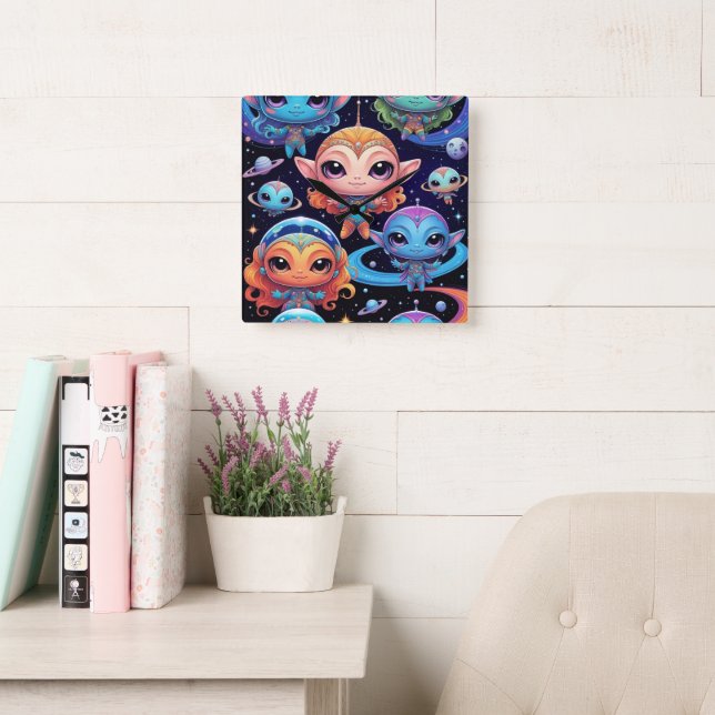 Small Multi-Coloured Aliens in Space Square Wall Clock (Reading Room)