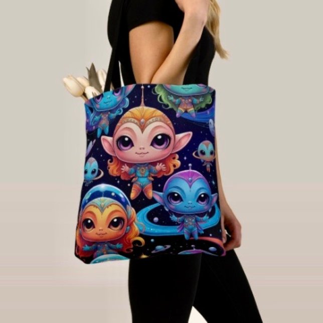 Small Multi-Coloured Aliens in Space Tote Bag (Tote Bag — 100% polyester, black laminated lining 100% cotton web hand. Made in the USA.
)