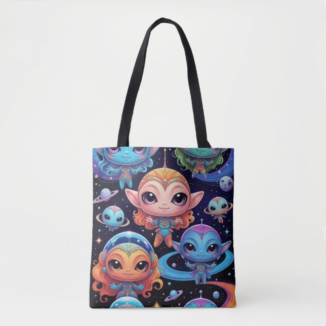 Small Multi-Coloured Aliens in Space Tote Bag (Front)