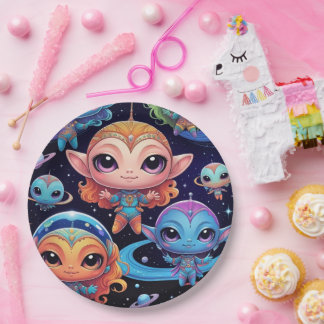 Small Multicoloured  Aliens in Space Paper Plate