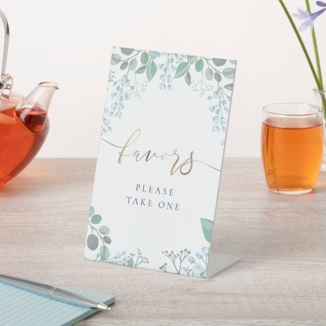 small pastel blue flowers favours pedestal sign (In SItu)