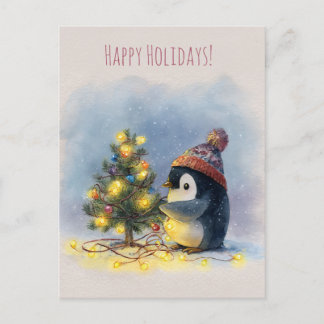 Small penguin decorates tiny Christmas tree, Holiday Postcard