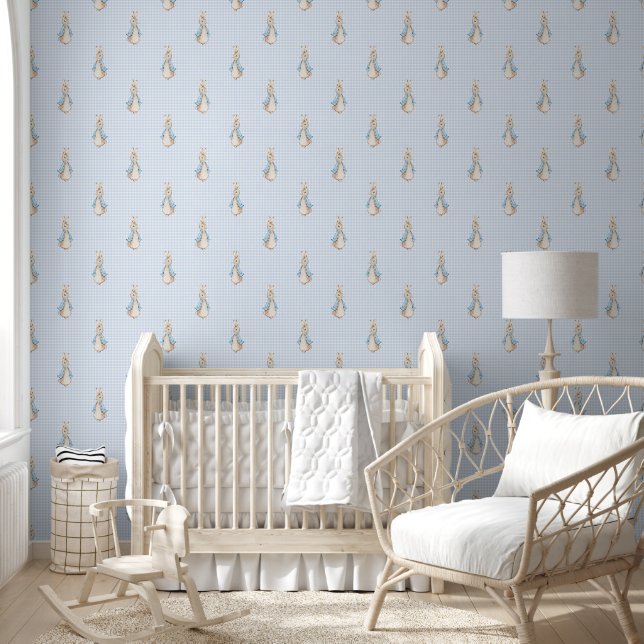 Small Peter the Rabbit Beatrix Blue Gingham Wallpaper (Kids)