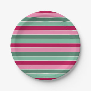 Small Pink and Green Christmas Stripes Paper Plate