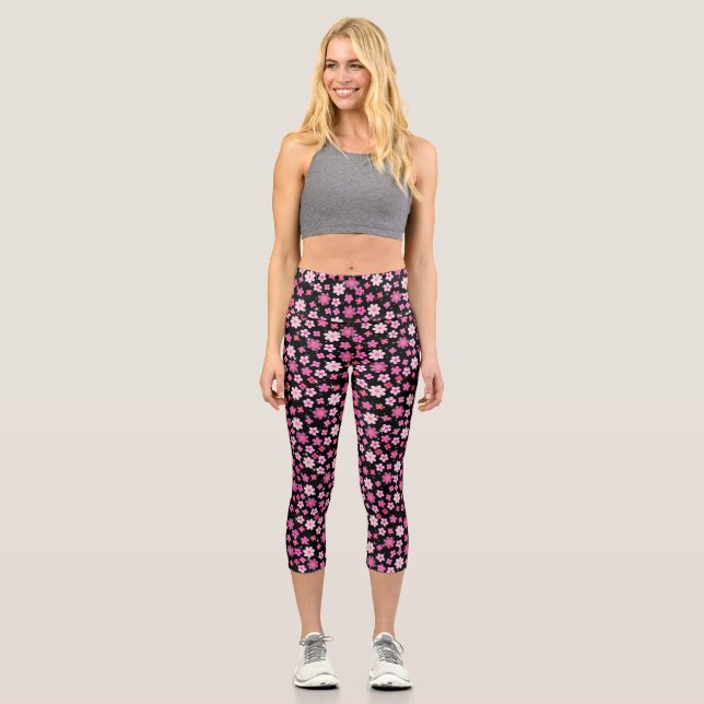 Small Pink Flowers Pattern C10 Black BG Capri Leggings (Front)