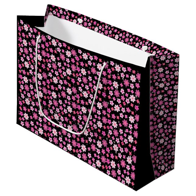 Small Pink Flowers Pattern C10 Black BG Large Gift Bag (Front Angled)