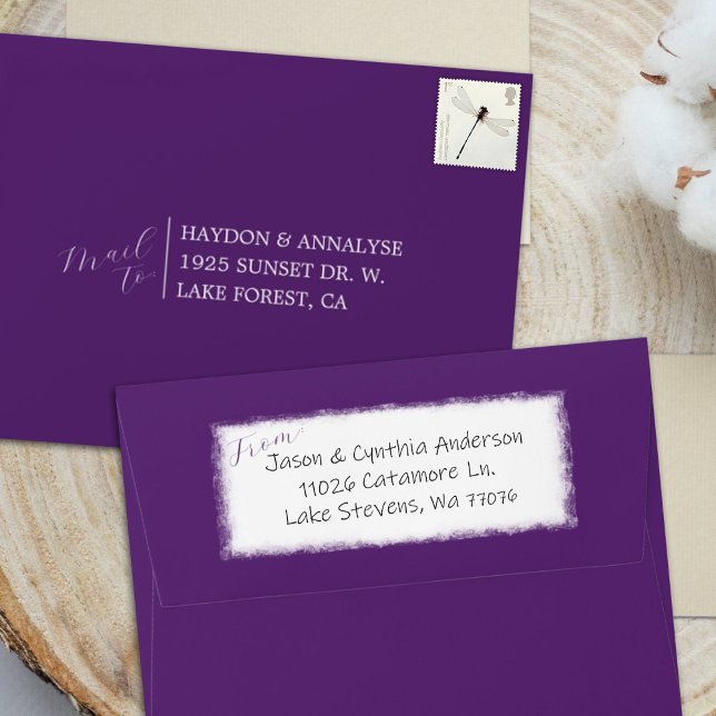 Small Plum Purple, Pre-addressed RSVP Envelope (small plum purple wedding enclosure rsvp envelope with address printed on front, return reply mail)