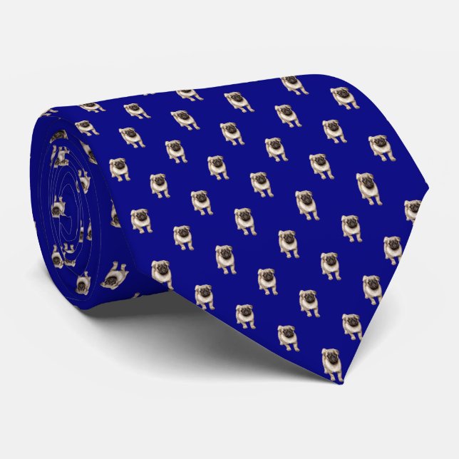 Small Pug Puppy Pattern on Light Navy Blue Tie (Rolled)